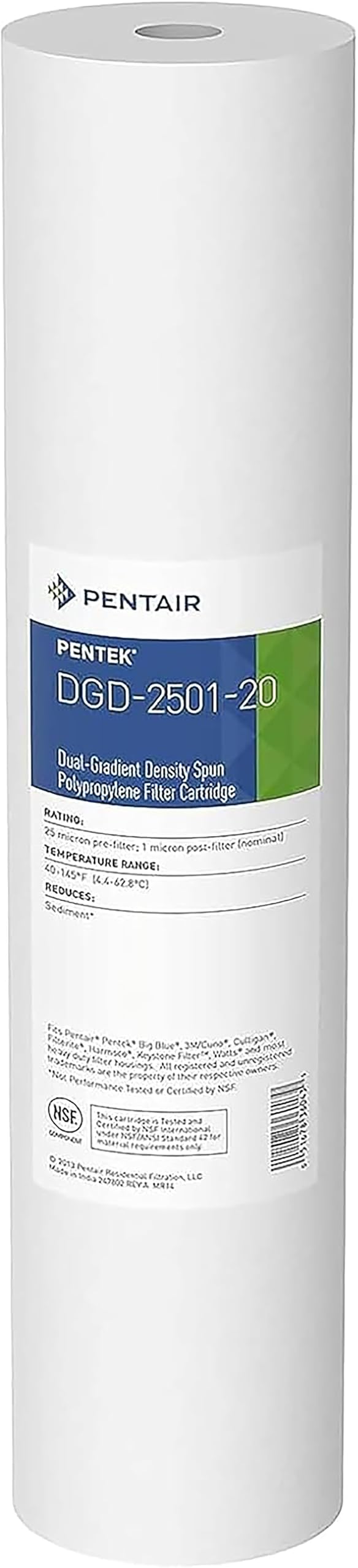 Pentair Pentek DGD250120 Big Blue Water Filter 20Inch Whole House Sediment Filter Cartridge Replacement DualGradient Density Spun Polypropylene 20 x 45 1 Micron Pack of 1 White
