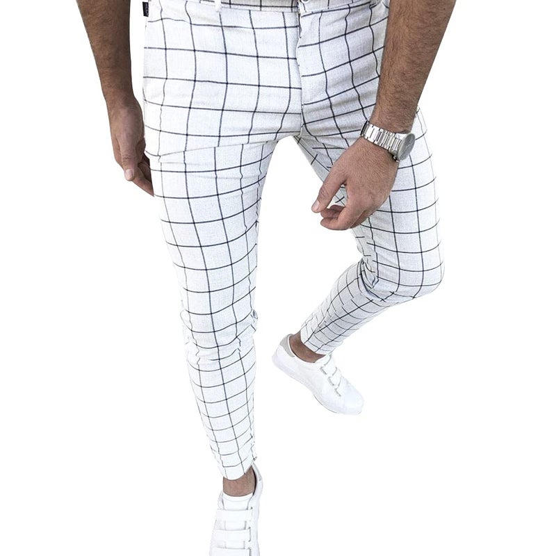 Percle Men's Fashion Stretch Dress Pants Slim Fit Plaid Skinny Long Casual Business Golf White - Image 1