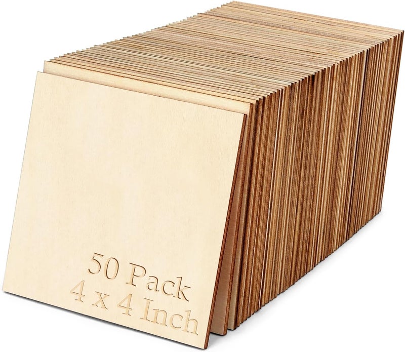 Blisstime 50 قطعة 4x4 بوصة مربعات خشبية غير مشغولة لقطع الحرف، الرسم، الكتابة، مستلزمات DIY، النقش والنحت، زينة المنزل (4x4 بوصة 50 قطعة) - Image 1