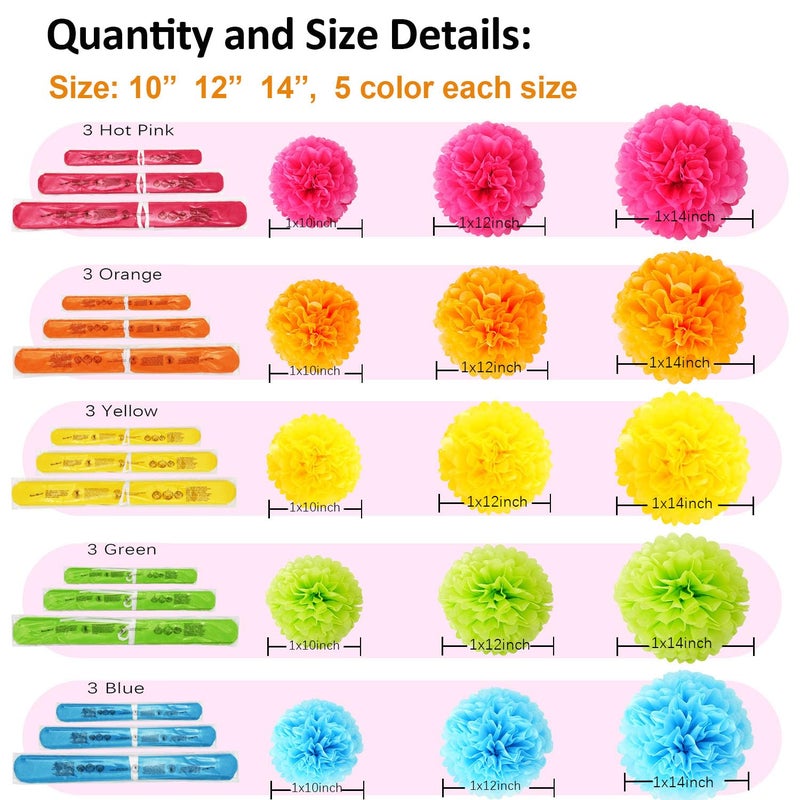 SOOKOO 15 Pcs Paper Pom Poms in 14 Inch  12 Inch  10 Inch Assorted Rainbow Colors Paper Flowers Balls for Birthday Wedding Party Baby Shower Celebration and Outdoor Decorations - Image 5