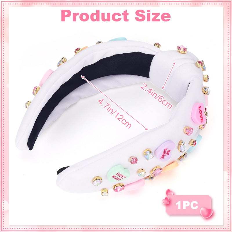 KINYFY Valentineâ€™s Day Headband, Love Heart XOXO Headband for Women, Valentine Rhinestone Crystal Knotted Wide Hairband for Birthday, Engagement, Anniversary Hair Accessories (White) - Image 2