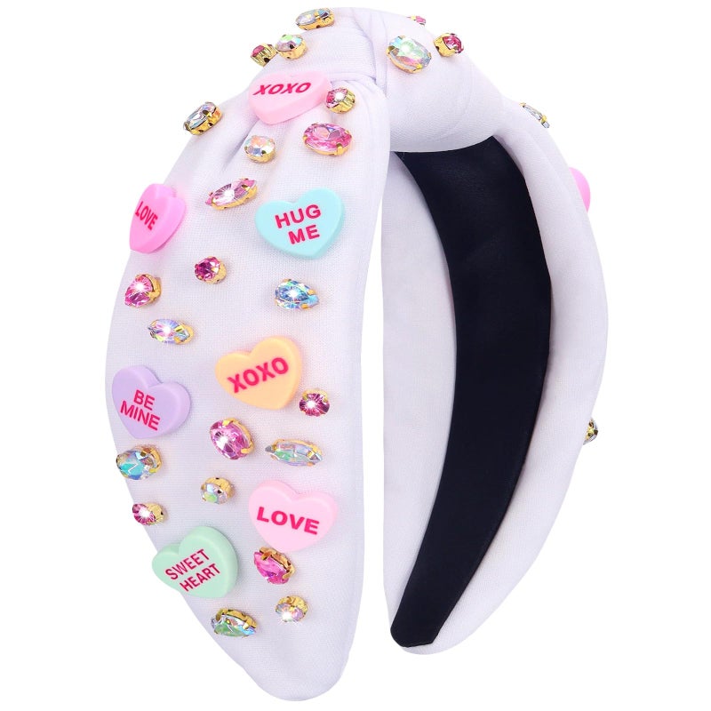KINYFY Valentineâ€™s Day Headband, Love Heart XOXO Headband for Women, Valentine Rhinestone Crystal Knotted Wide Hairband for Birthday, Engagement, Anniversary Hair Accessories (White) - Image 1