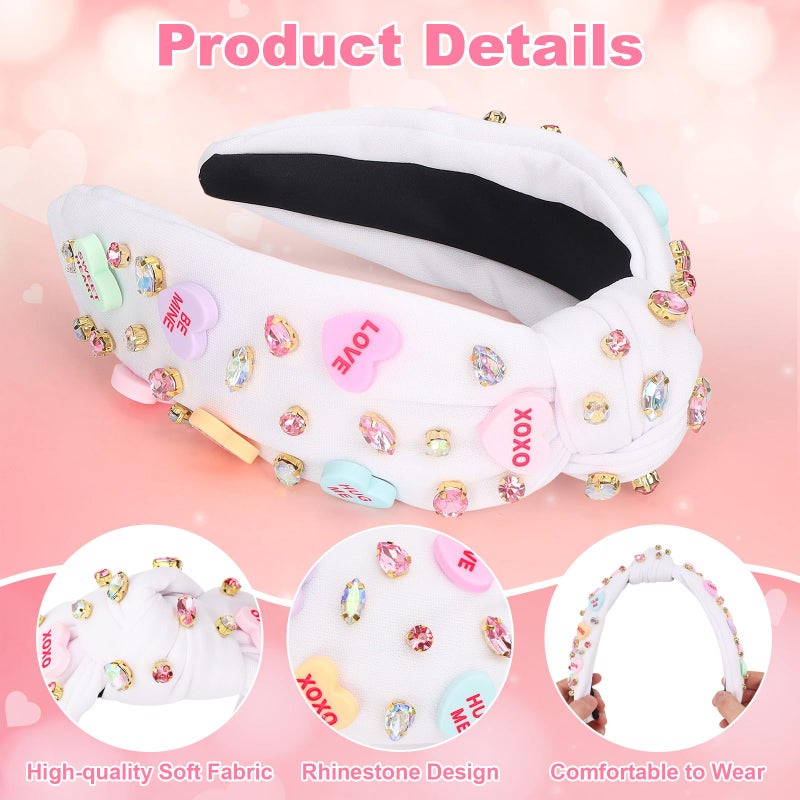 KINYFY Valentineâ€™s Day Headband, Love Heart XOXO Headband for Women, Valentine Rhinestone Crystal Knotted Wide Hairband for Birthday, Engagement, Anniversary Hair Accessories (White) - Image 3