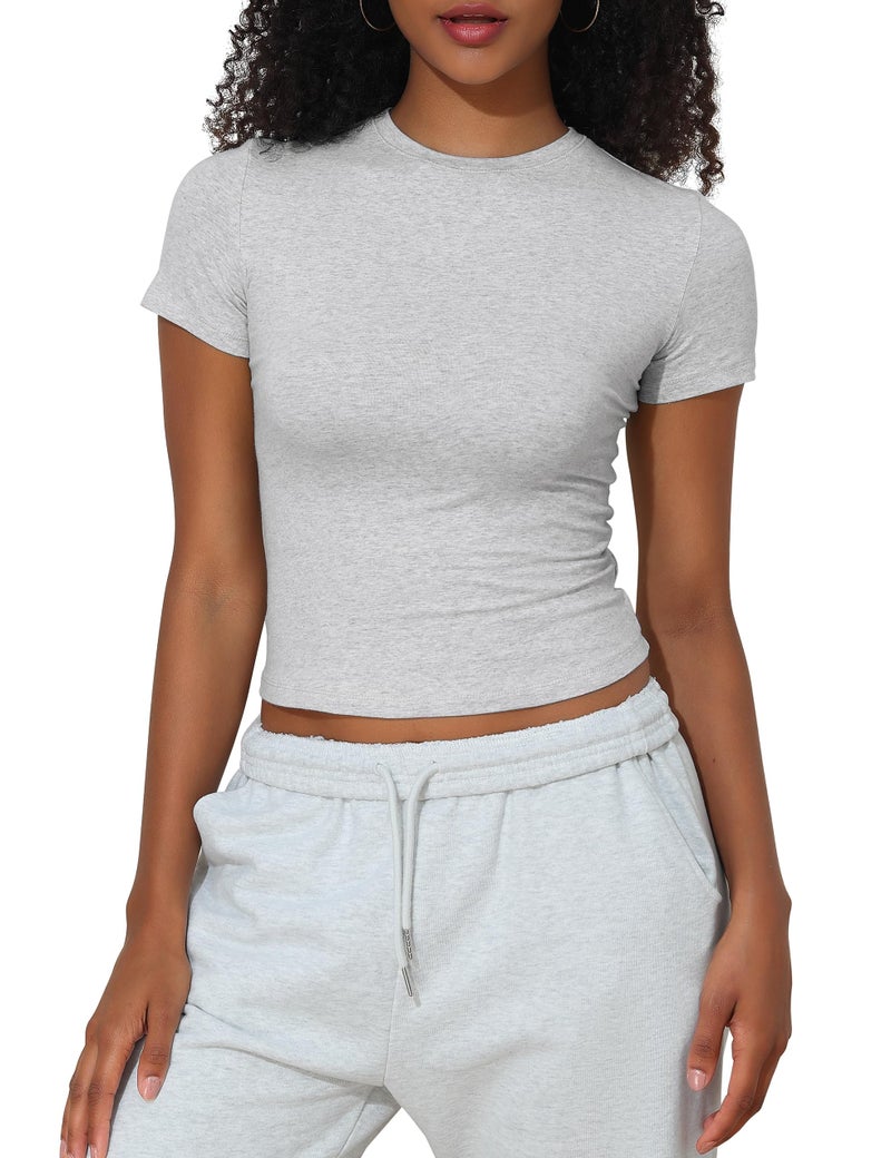 PrettyGuide Crew Neck Tight Fitted Shirts for Women Short Sleeve Cotton Jersey T-Shirt Crop Tees Light Heather Grey M - Image 2
