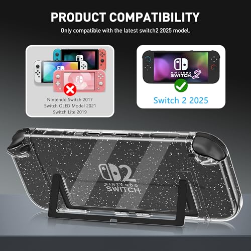 RHOTALL Glitter Protective Case Cover Shell for Nintendo Switch 2(2025),Clear Sparkle Full Dockable Slim Hard Protection Cute Shining Skin Case for Switch 2, Shockproof Screen Protector,4 Thumb Grip - Image 4