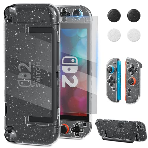 RHOTALL Glitter Protective Case Cover Shell for Nintendo Switch 2(2025),Clear Sparkle Full Dockable Slim Hard Protection Cute Shining Skin Case for Switch 2, Shockproof Screen Protector,4 Thumb Grip - Image 1