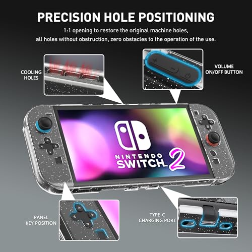 RHOTALL Glitter Protective Case Cover Shell for Nintendo Switch 2(2025),Clear Sparkle Full Dockable Slim Hard Protection Cute Shining Skin Case for Switch 2, Shockproof Screen Protector,4 Thumb Grip - Image 2