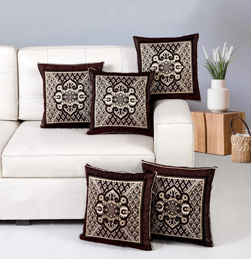 Nendle Jacquard Weaved Decorative Velvet Cushion Cover/Sofa Pillow Cover Set of 5 Pieces (Brown, 16x16 Inches)-500 TC - Image 5