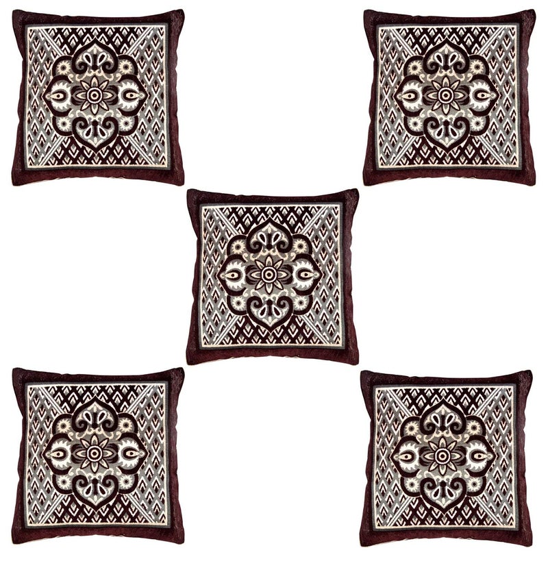 Nendle Jacquard Weaved Decorative Velvet Cushion Cover/Sofa Pillow Cover Set of 5 Pieces (Brown, 16x16 Inches)-500 TC - Image 2