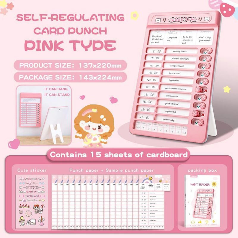 Parshya Daily Routine Visual Schedule Board | Children's Self-Discipline & Time Management Tracker | Habit Building Punch Card Chore Chart with Stand | 15 Cardboard Sheets Included (Pink) - Image 2