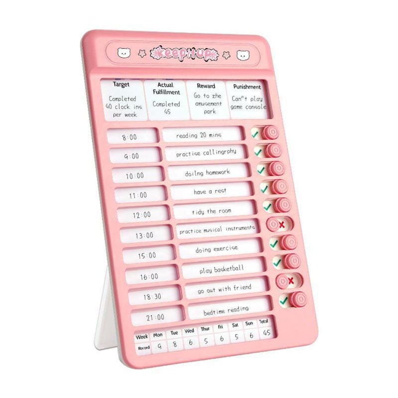 Parshya Daily Routine Visual Schedule Board | Children's Self-Discipline & Time Management Tracker | Habit Building Punch Card Chore Chart with Stand | 15 Cardboard Sheets Included (Pink) - Image 1