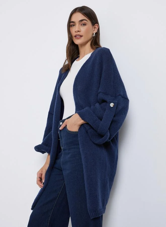 Styli Navy Brushed Yarn Longline Cardigan