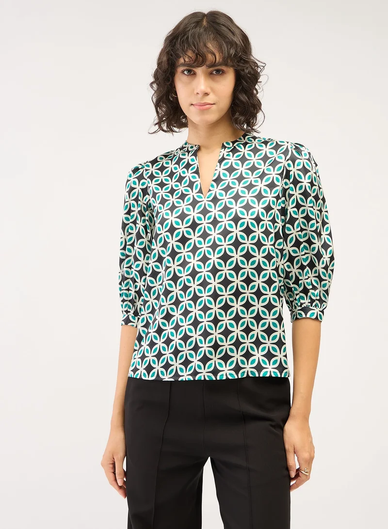 سولت اتاير Women's Fashionable Multi-Color Geometric Pattern Top Featuring a Stylish Collared V Neckline and Trendy 3/4th Length Puffed Sleeves Ideal for Effortless Chic and Versatile Everyday Wear