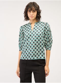 Salt Attire Fashionable Multi-Color Geometric Pattern Top Featuring a Stylish Collared V Neckline and Trendy 3/4th Length Puffed Sleeves Ideal for Effortless Chic and Versatile Everyday Wear  - Image 1