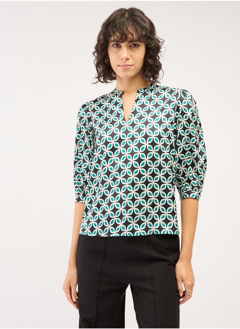 Salt Attire Fashionable Multi-Color Geometric Pattern Top Featuring a Stylish Collared V Neckline and Trendy 3/4th Length Puffed Sleeves Ideal for Effortless Chic and Versatile Everyday Wear  - Image 1