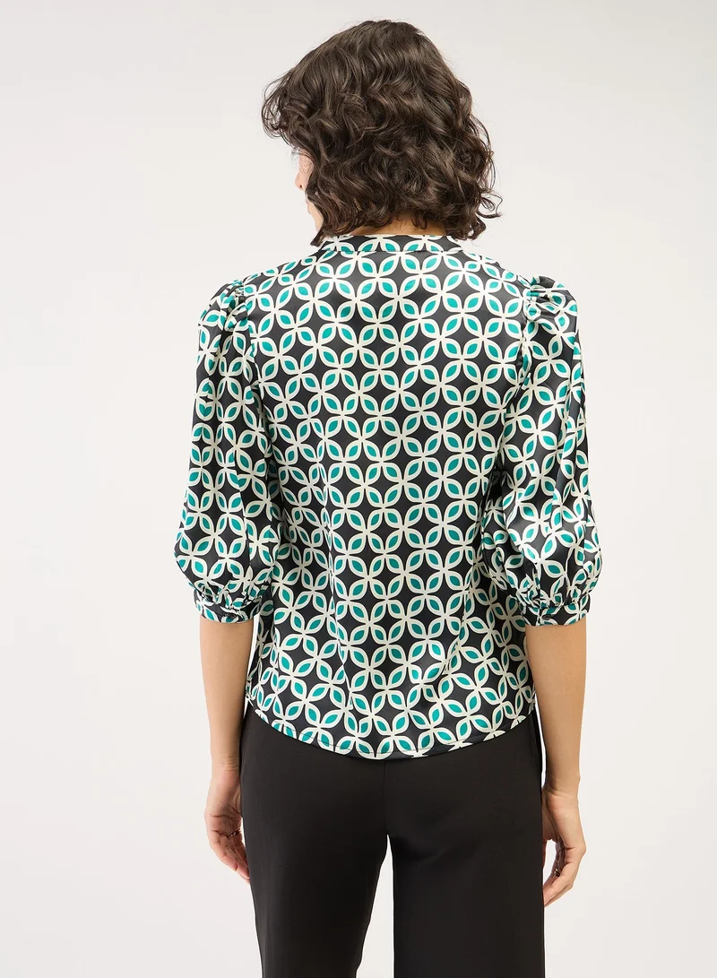 Salt Attire Women's Fashionable Multi-Color Geometric Pattern Top Featuring a Stylish Collared V Neckline and Trendy 3/4th Length Puffed Sleeves Ideal for Effortless Chic and Versatile Everyday Wear