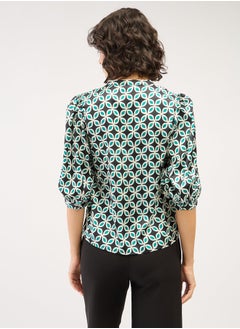Salt Attire Fashionable Multi-Color Geometric Pattern Top Featuring a Stylish Collared V Neckline and Trendy 3/4th Length Puffed Sleeves Ideal for Effortless Chic and Versatile Everyday Wear  - Image 4