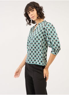 Salt Attire Fashionable Multi-Color Geometric Pattern Top Featuring a Stylish Collared V Neckline and Trendy 3/4th Length Puffed Sleeves Ideal for Effortless Chic and Versatile Everyday Wear  - Image 5