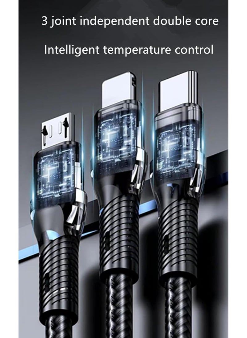 كبل شحن USB متعدد الاستخدامات 3 في 1 - شاحن سريع بقوة 120 واط للهواتف النقالة، كابل شاحن متعدد للهواتف النقالة والأجهزة اللوحية وغيرها.