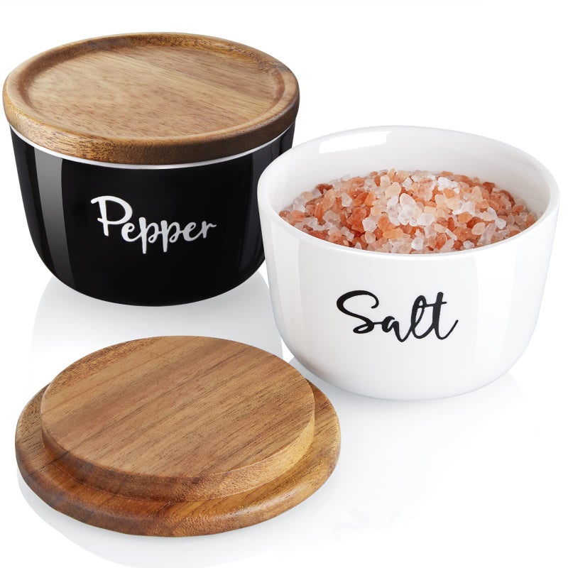 DAYYET Salt and Pepper Bowls 10 oz Salt Cellar with Lid Stacked Ceramic Salt Pepper Container with Acacia Wood Lid Salt Box for Countertop Black and White Kitchen Decor Set of 2