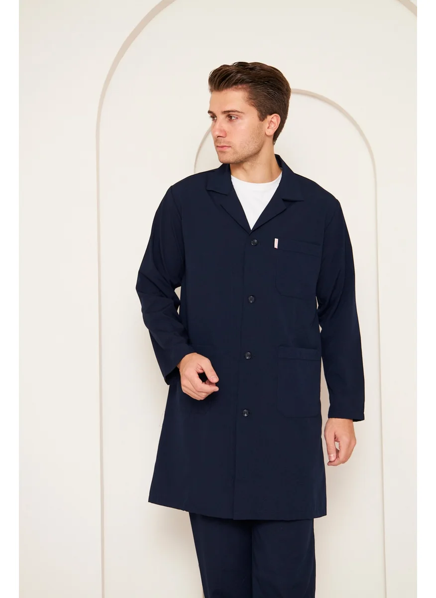 Mervem Shirt Collar Alpaca Fabric Work Apron for Men Navy Blue