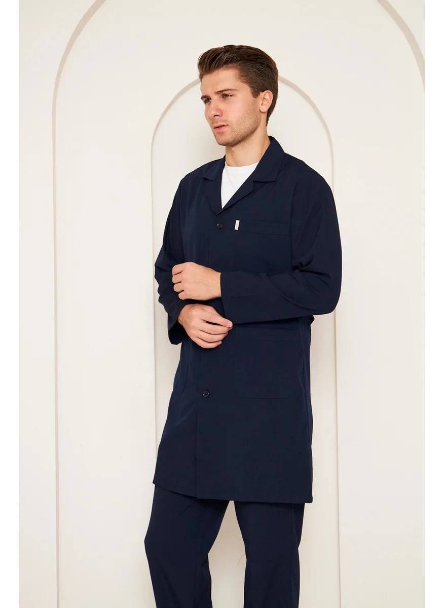 Mervem Shirt Collar Alpaca Fabric Work Apron for Men Navy Blue