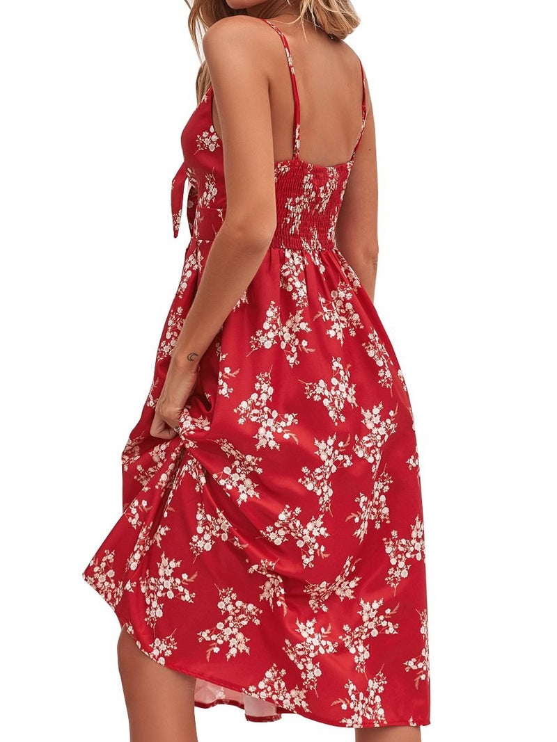 FANCYINN Womens Red Floral Prints Tie Front Button Down Spaghetti Strap Midi Dress Valentine's Gift Flower L - Image 2