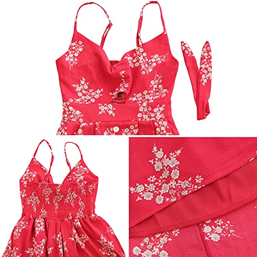 FANCYINN Womens Red Floral Prints Tie Front Button Down Spaghetti Strap Midi Dress Valentine's Gift Flower L - Image 5