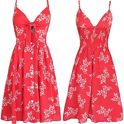 FANCYINN Womens Red Floral Prints Tie Front Button Down Spaghetti Strap Midi Dress Valentine's Gift Flower L - Image 4