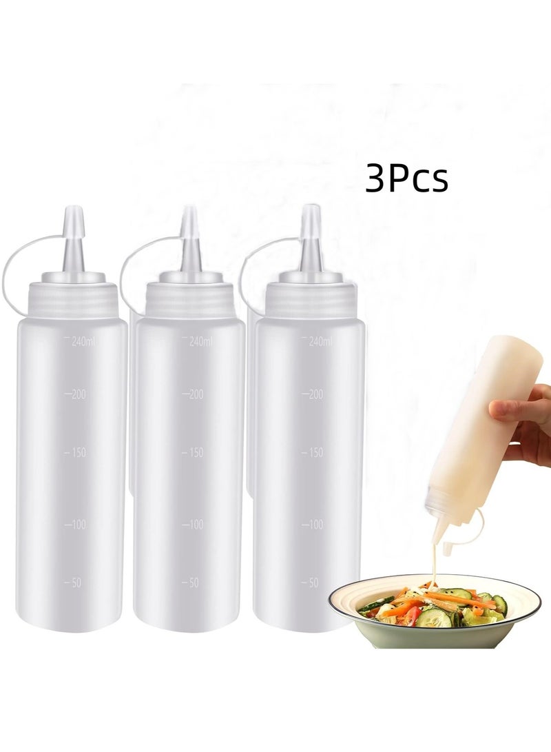 Mmmon 3Pcs Condiment Squeeze Bottles, 8 Oz Plastic Squeeze Squirt Bottles with Twist on Caps and Measurement, Container Dispenser for Ketchup Mustard BBQ Sauces Salad Dressings Olive Oil  - Image 1