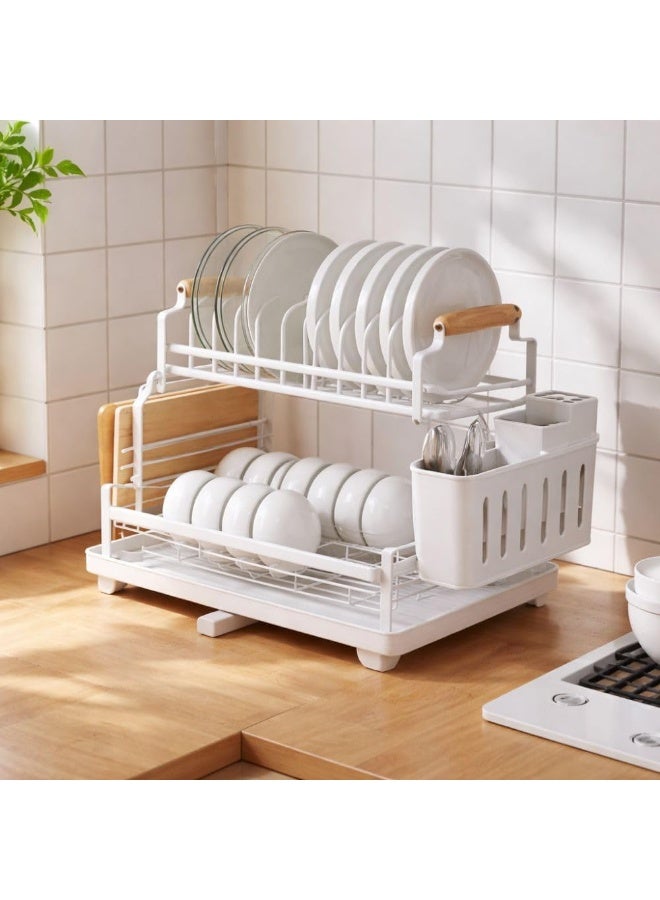 2 Tier Stainless Steel Dish Drying Rack With Drainboard And Detachable Utensil Holder, Kitchen Counter Dish Drainer Organizer With Cup Rack And Cutting Board Holder 41 x 28.5 x 31 cm White - Image 2