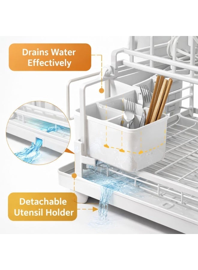 2 Tier Stainless Steel Dish Drying Rack With Drainboard And Detachable Utensil Holder, Kitchen Counter Dish Drainer Organizer With Cup Rack And Cutting Board Holder 41 x 28.5 x 31 cm White - Image 5