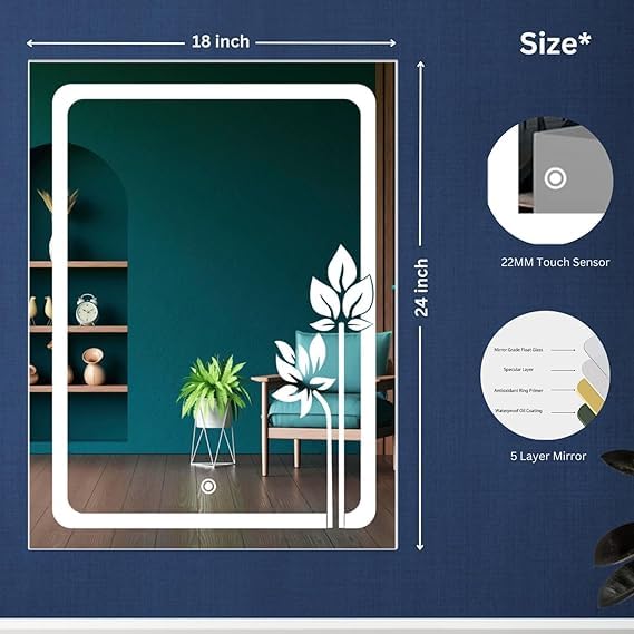 TINITALO Quality Glass Rectangular LED Mirror for Bathroon with Back Light Imported Touch Sensor + Dimmer + White Light + Coold Day Light + Warm Light Total 3 Light Brightness AdjustableLED 297 - Image 5
