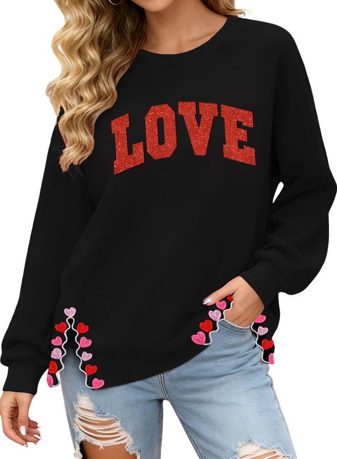 PECHAR Valentine Sweatshirts Women Love Valentines Shirts Embroidered Crewneck Long Sleeve Tops With Side Heart Applique, Love-black, S - Image 1