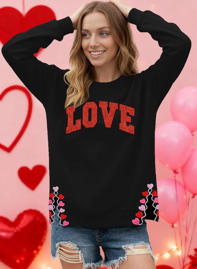 PECHAR Valentine Sweatshirts Women Love Valentines Shirts Embroidered Crewneck Long Sleeve Tops With Side Heart Applique, Love-black, S - Image 4