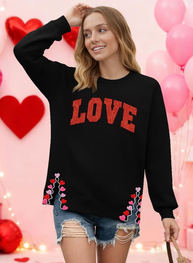 PECHAR Valentine Sweatshirts Women Love Valentines Shirts Embroidered Crewneck Long Sleeve Tops With Side Heart Applique, Love-black, S - Image 3