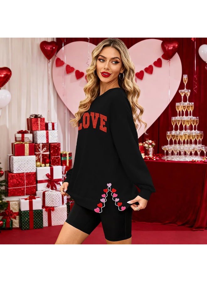 PECHAR Valentine Sweatshirts Women Love Valentines Shirts Embroidered Crewneck Long Sleeve Tops With Side Heart Applique, Love-black, S - Image 5