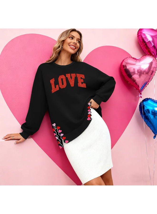 PECHAR Valentine Sweatshirts Women Love Valentines Shirts Embroidered Crewneck Long Sleeve Tops With Side Heart Applique, Love-black, S - Image 2