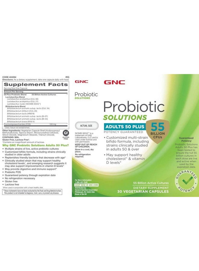 GNC Probiotic Solutions Adults ; Customized Vegetarian Formula For Adults 50+ Supports Digestive And Immune Health ; 30 Capsules - Image 4