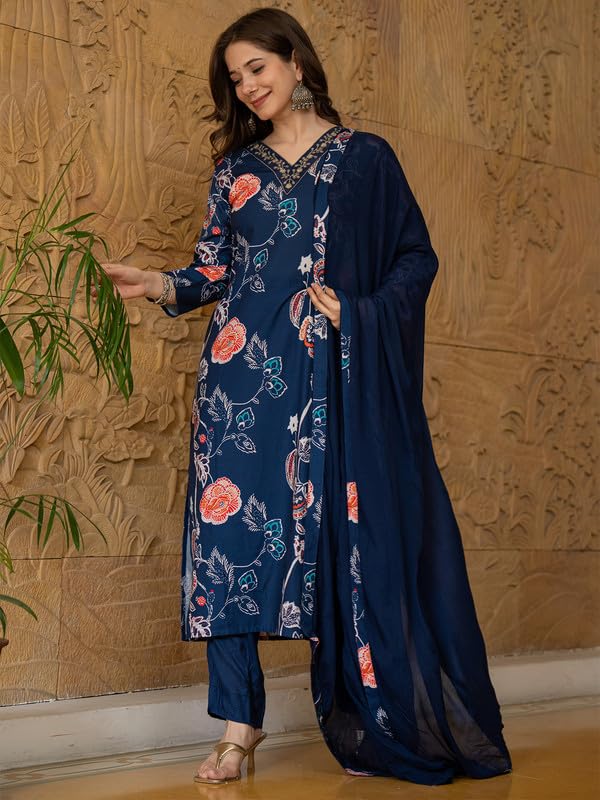 Vaamsi Women's Floral Straight Printed Kurta Pant With Dupatta Set (PKSKD2469_3XL_Blue) - Image 5