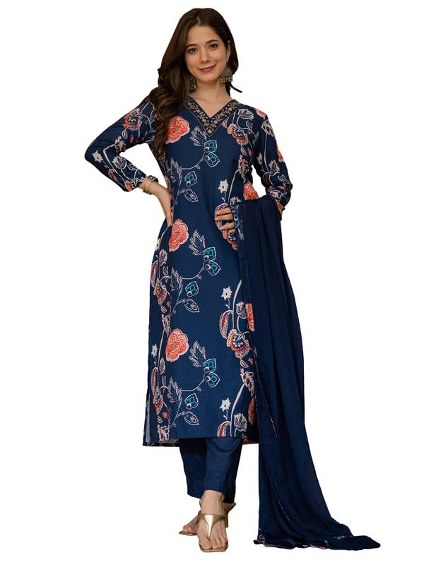 Vaamsi Women's Floral Straight Printed Kurta Pant With Dupatta Set (PKSKD2469_3XL_Blue) - Image 1