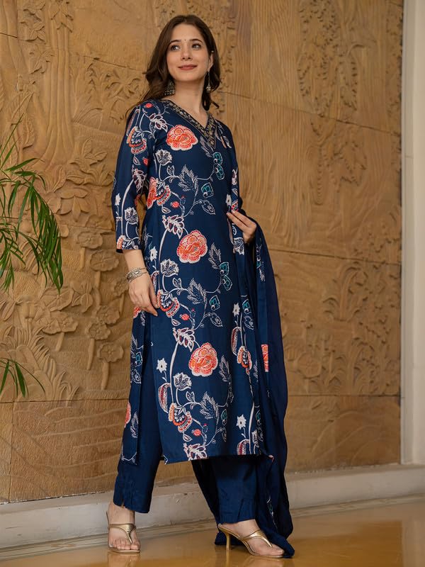 Vaamsi Women's Floral Straight Printed Kurta Pant With Dupatta Set (PKSKD2469_3XL_Blue) - Image 3