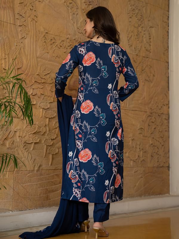 Vaamsi Women's Floral Straight Printed Kurta Pant With Dupatta Set (PKSKD2469_3XL_Blue) - Image 4