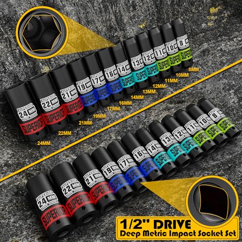 Aiourx 14 Piece 1/2" Drive Impact Socket Set, 8 mm - 22 mm Deep Socket, Metric Socket Set With Adapter & Quick-Release Holder, 6 Point, CR-V, Automotive Maintenance, Machinery Manufacturing - Image 2