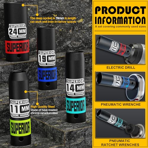 Aiourx 14 Piece 1/2" Drive Impact Socket Set, 8 mm - 22 mm Deep Socket, Metric Socket Set With Adapter & Quick-Release Holder, 6 Point, CR-V, Automotive Maintenance, Machinery Manufacturing - Image 4