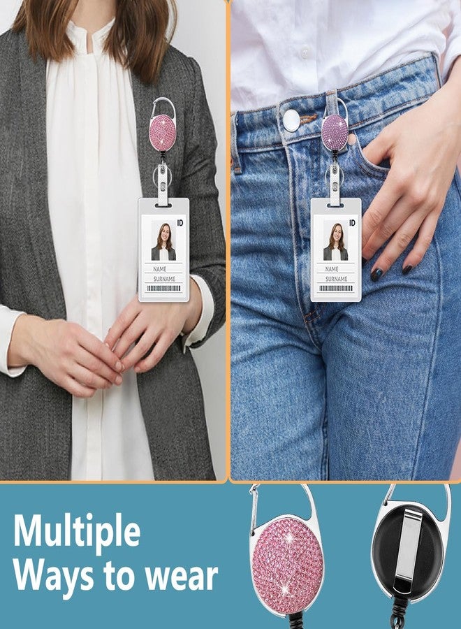 HASFINE Sparkly Rhinestone Badge Reel Retractable ID Badge Holder with Rotating Carabiner Belt Clip & Key Ring for Work Staff, Nurse, Student, Teacher(Pink, Purple, Black, White) - Image 2