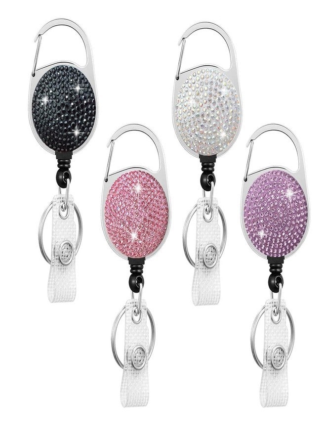 HASFINE Sparkly Rhinestone Badge Reel Retractable ID Badge Holder with Rotating Carabiner Belt Clip & Key Ring for Work Staff, Nurse, Student, Teacher(Pink, Purple, Black, White) - Image 1