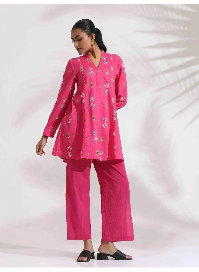 trueBrowns trueBrowns Pink Cotton Print Flared Top Co-ord Set