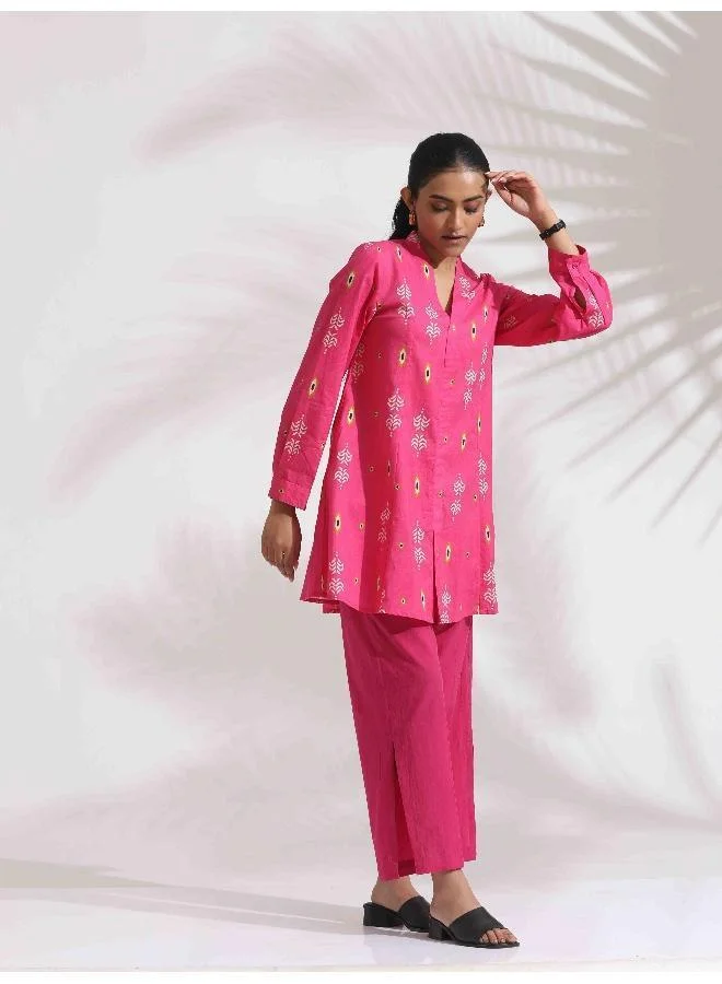 trueBrowns trueBrowns Pink Cotton Print Flared Top Co-ord Set