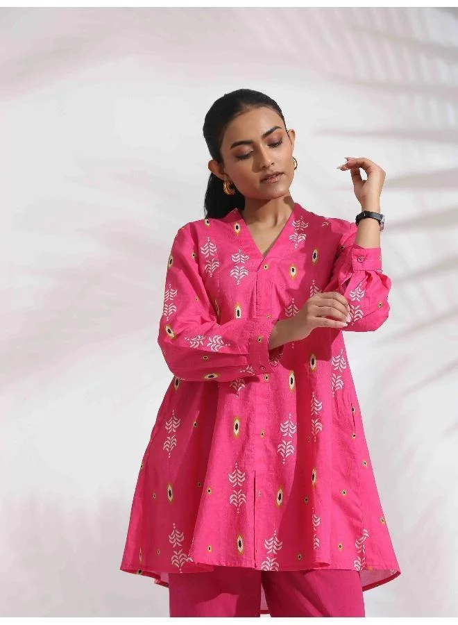 trueBrowns trueBrowns Pink Cotton Print Flared Top Co-ord Set